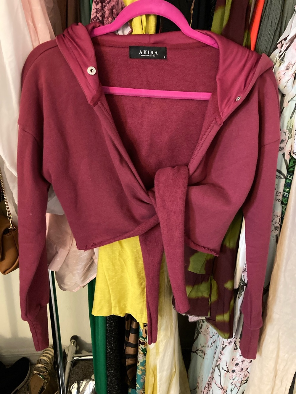 AKIRA Cropped Tie-Front Hoodie in Wine